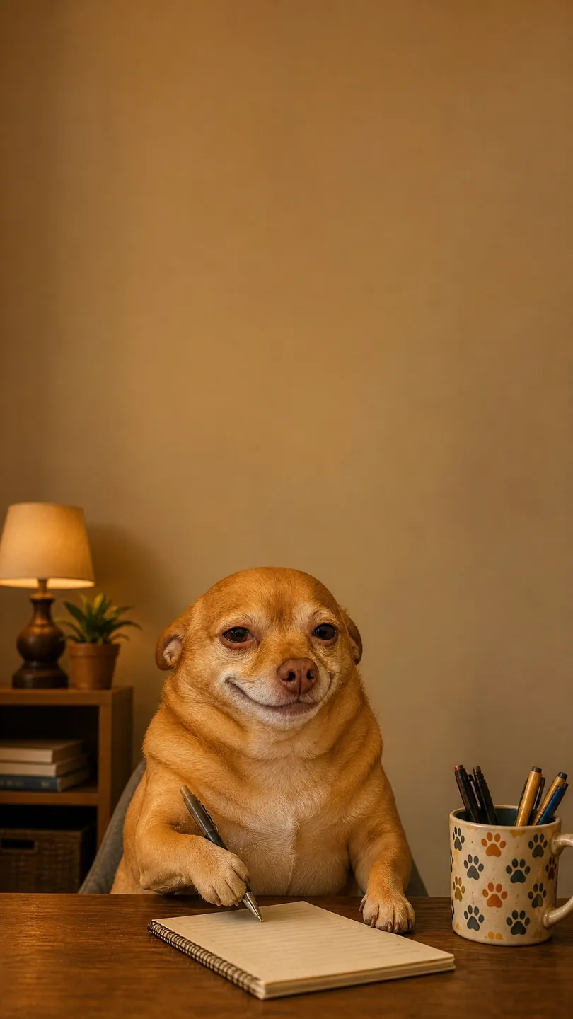Fundo de meme do app: cachorro sorrindo na escrivaninha
